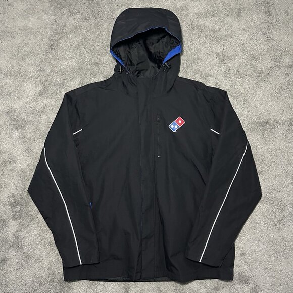 Dominos Gear Jacket Mens Size Large Black Rain Jacket Windbreaker Hooded Zip - Picture 1 of 14
